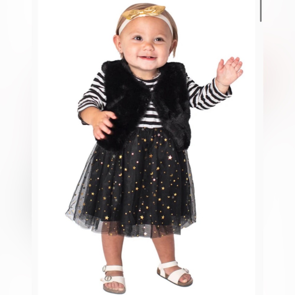 POPATU | Nordstrom blk striped/tulle gold stars dress & matching faux fur vest